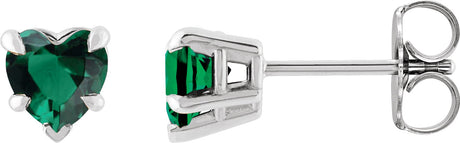 Platinum Lab-Grown Emerald Heart 5-Prong Claw V-End Stud Earrings