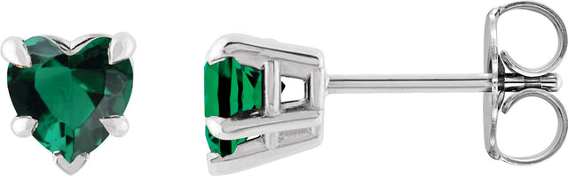 14K Gold Lab-Grown Emerald Heart 5-Prong Claw V-End Stud Earrings - White Gold