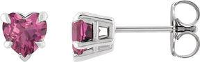 14K Gold Natural Pink Tourmaline Heart 5-Prong Claw V-End Stud Earrings - White Gold