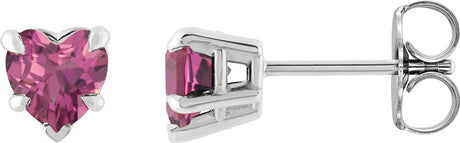 Platinum Natural Pink Tourmaline Heart 5-Prong Claw V-End Stud Earrings