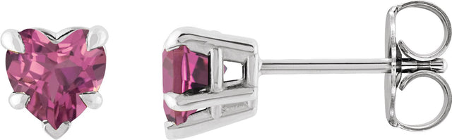 Platinum Natural Pink Tourmaline Heart 5-Prong Claw V-End Stud Earrings