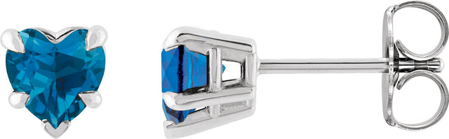 Platinum Natural London Blue Topaz Heart 5-Prong Claw V-End Stud Earrings
