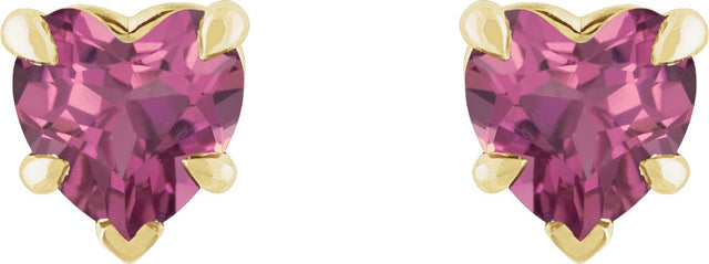 14K Gold Natural Pink Tourmaline Heart 5-Prong Claw V-End Stud Earrings - Yellow Gold - view 2