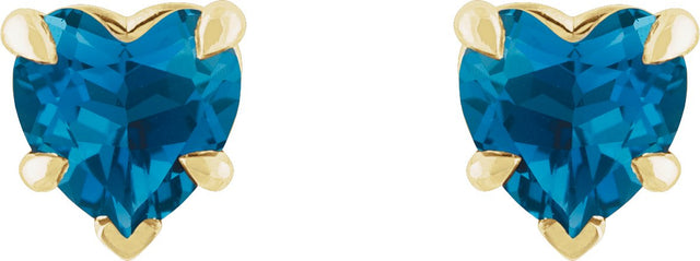 14K Gold Natural London Blue Topaz Heart 5-Prong Claw V-End Stud Earrings - Yellow Gold - view 2