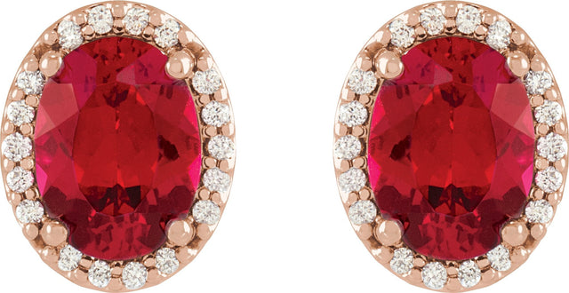 14K Gold Lab-Grown Ruby Oval 4-Prong Halo-Style Low Stud Earring - Rose Gold - view 4