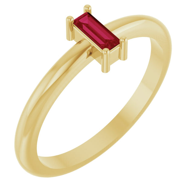 14K Gold Straight Baguette Natural Ruby Stackable Ring - Yellow Gold