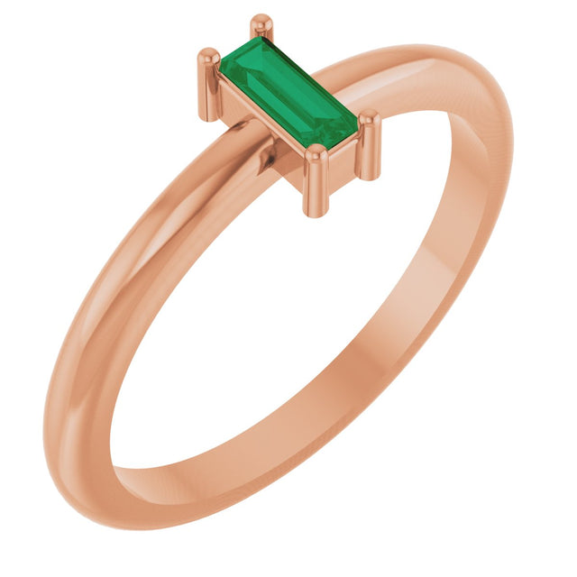 14K Gold Straight Baguette Lab-Grown Emerald Stackable Ring - Rose Gold
