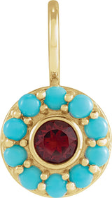 14K Gold Round Natural Mozambique Garnet & Natural Turquoise Halo-Style Pendant - Yellow Gold