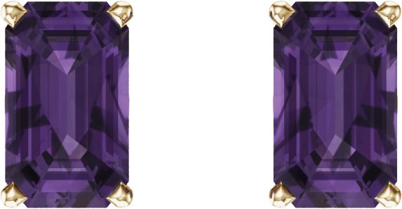 14K Gold Natural Amethyst Emerald 4-Prong Scroll Setting Stud Earrings - Yellow Gold - view 2