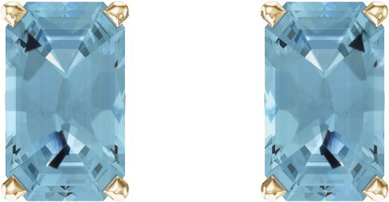 14K Gold Natural Aquamarine Emerald 4-Prong Scroll Setting Stud Earrings - Yellow Gold - view 2