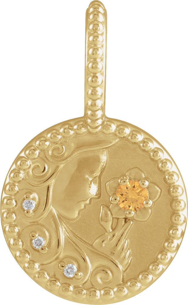 14K Gold Round Natural Spessartite Garnet & Natural Diamond Zodiac Pendant – 0075 CTW - Yellow Gold
