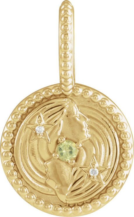 14K Gold Round Natural Peridot & Natural Diamond Zodiac Pendant - Yellow Gold