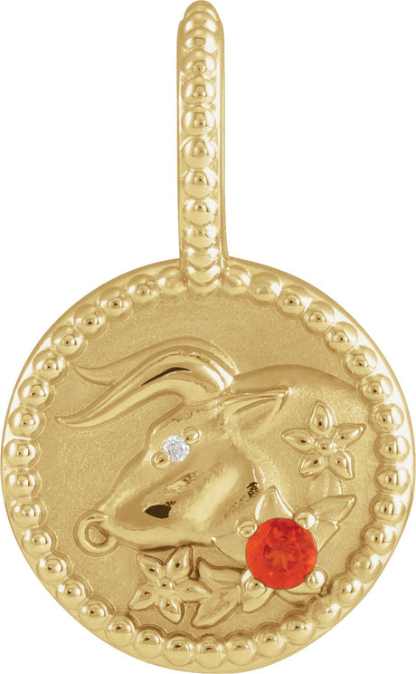 14K Gold Round Natural Mexican Fire Opal & Natural Diamond Zodiac Pendant – 0.0025 CTW - Yellow Gold
