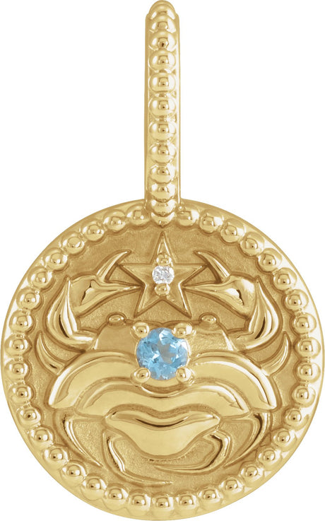 14K Gold Round Natural Aquamarine & Natural Diamond Zodiac Pendant - Yellow Gold