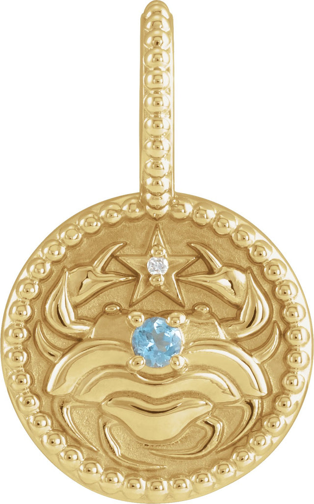 14K Gold Round Natural Aquamarine & Natural Diamond Zodiac Pendant - Yellow Gold