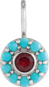 Platinum Round Natural Mozambique Garnet & Natural Turquoise Halo-Style Pendant