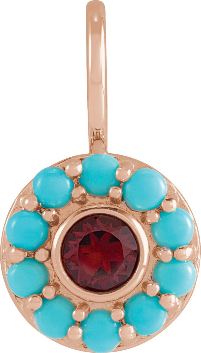 14K Gold Round Natural Mozambique Garnet & Natural Turquoise Halo-Style Pendant - Rose Gold