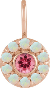 14K Gold Round Natural Pink Spinel & Natural White Opal Halo-Style Pendant - Rose Gold