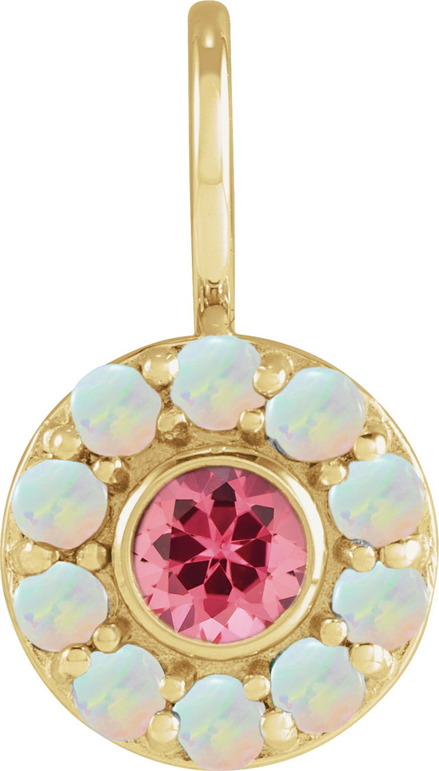 14K Gold Round Natural Pink Spinel & Natural White Opal Halo-Style Pendant - Yellow Gold