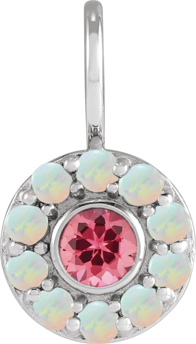 Platinum Round Natural Pink Spinel & Natural White Opal Halo-Style Pendant