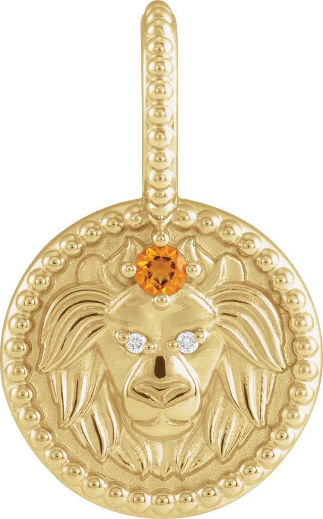 14K Gold Round Natural Citrine & Natural Diamond Zodiac Pendant - Yellow Gold