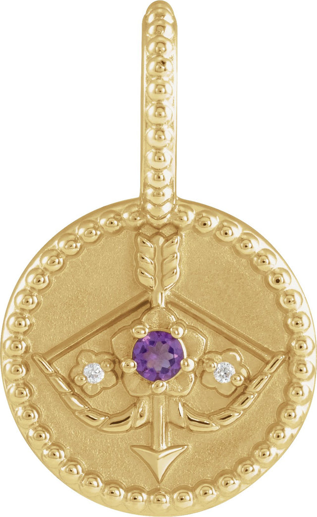 14K Gold Round Natural Amethyst & Natural Diamond Zodiac Pendant - Yellow Gold