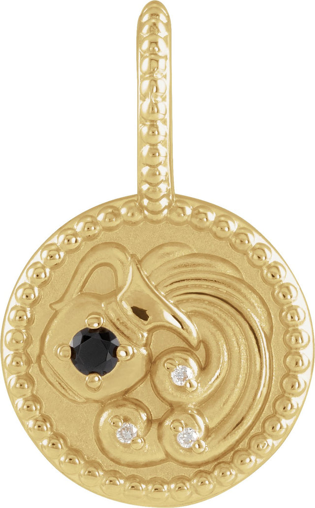 14K Gold Round Natural Black Spinel & Natural Diamond Zodiac Pendant - Yellow Gold