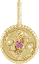 14K Gold Round Natural Rhodolite Garnet & Natural Diamond Zodiac Pendant - Yellow Gold