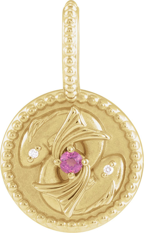 14K Gold Round Natural Rhodolite Garnet & Natural Diamond Zodiac Pendant - Yellow Gold