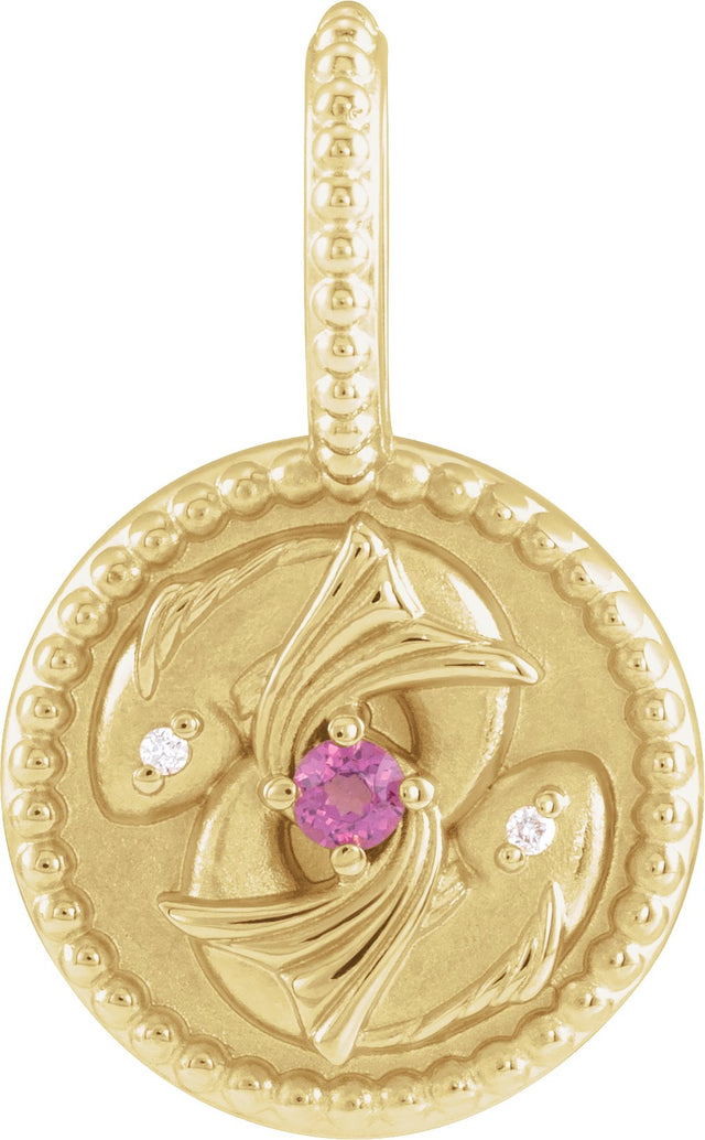 14K Gold Round Natural Rhodolite Garnet & Natural Diamond Zodiac Pendant - Yellow Gold