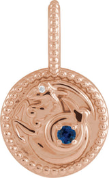 14K Gold Round Natural Blue Sapphire & Natural Diamond Zodiac Pendant - Rose Gold