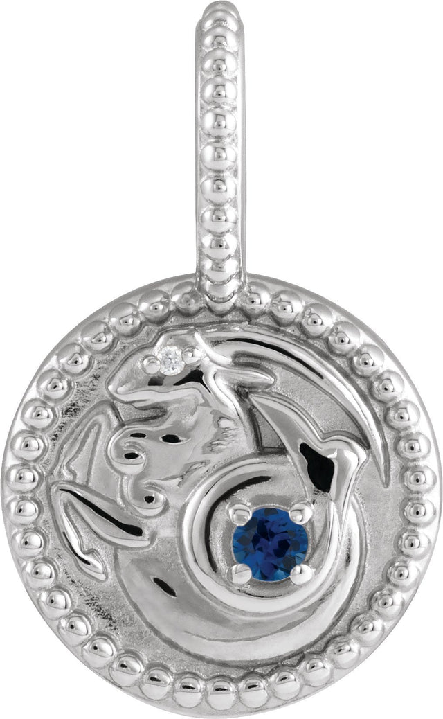 14K Gold Round Natural Blue Sapphire & Natural Diamond Zodiac Pendant - White Gold