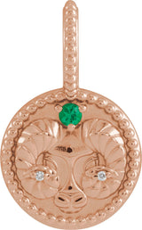 14K Gold Round Natural Emerald & Natural Diamond Zodiac Pendant - Rose Gold