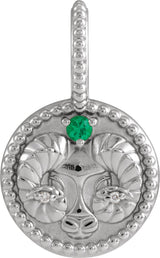 Platinum Round Natural Emerald & Natural Diamond Zodiac Pendant