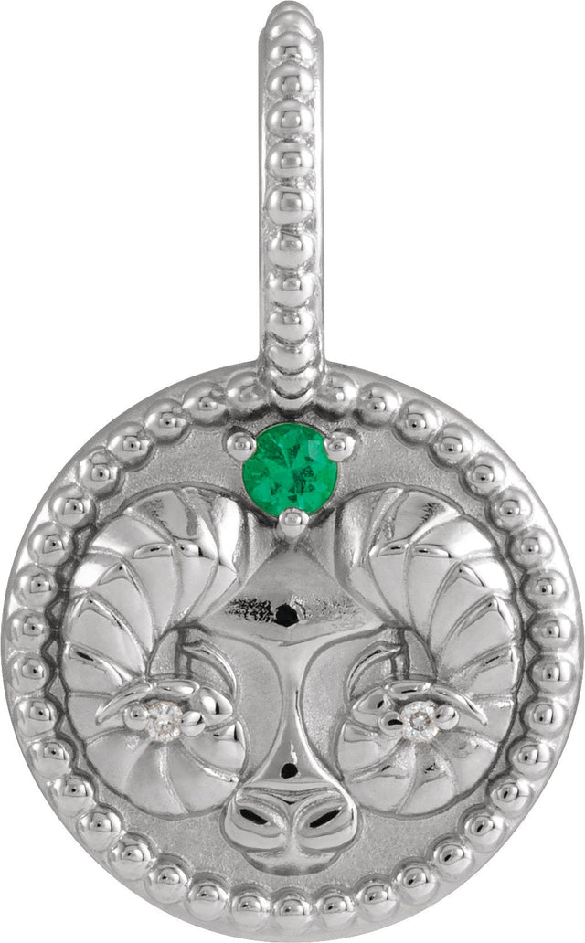 14K Gold Round Natural Emerald & Natural Diamond Zodiac Pendant - White Gold