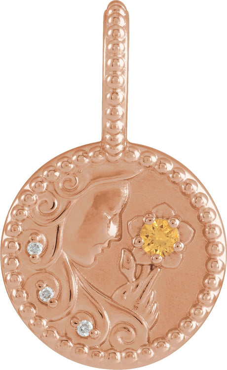 14K Gold Round Natural Spessartite Garnet & Natural Diamond Zodiac Pendant – 0075 CTW - Rose Gold