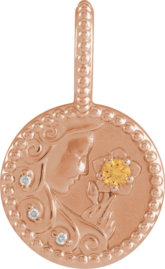 14K Gold Round Natural Spessartite Garnet & Natural Diamond Zodiac Pendant – 0075 CTW - Rose Gold