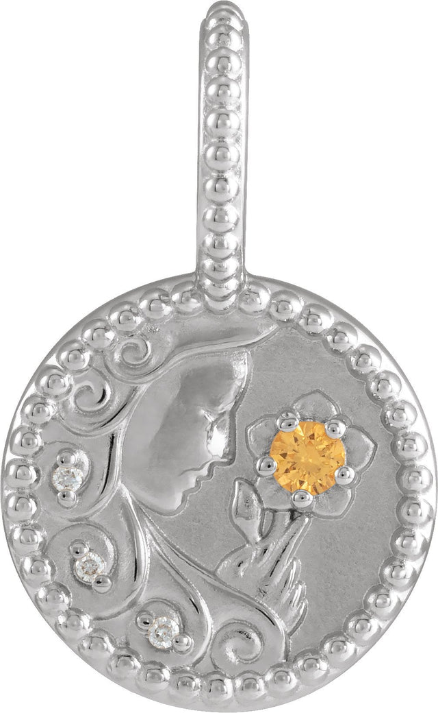 14K Gold Round Natural Spessartite Garnet & Natural Diamond Zodiac Pendant – 0075 CTW - White Gold