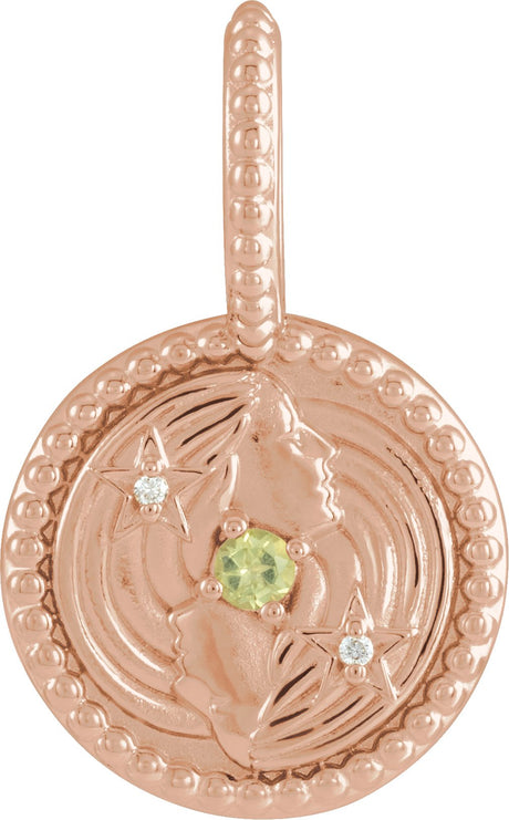 14K Gold Round Natural Peridot & Natural Diamond Zodiac Pendant - Rose Gold