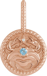 14K Gold Round Natural Aquamarine & Natural Diamond Zodiac Pendant - Rose Gold