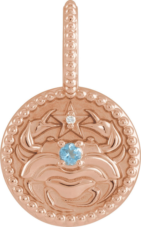 14K Gold Round Natural Aquamarine & Natural Diamond Zodiac Pendant - Rose Gold