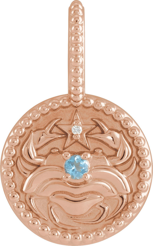 14K Gold Round Natural Aquamarine & Natural Diamond Zodiac Pendant - Rose Gold