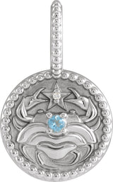 14K Gold Round Natural Aquamarine & Natural Diamond Zodiac Pendant - White Gold