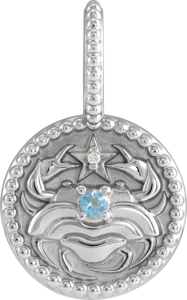 14K Gold Round Natural Aquamarine & Natural Diamond Zodiac Pendant - White Gold