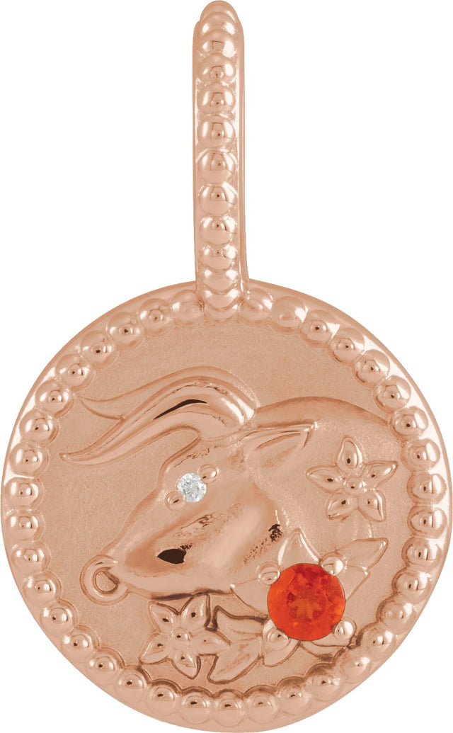14K Gold Round Natural Mexican Fire Opal & Natural Diamond Zodiac Pendant – 0.0025 CTW - Rose Gold