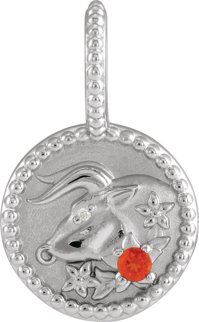 14K Gold Round Natural Mexican Fire Opal & Natural Diamond Zodiac Pendant – 0.0025 CTW - White Gold