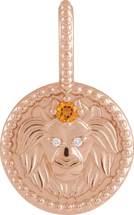 14K Gold Round Natural Citrine & Natural Diamond Zodiac Pendant - Rose Gold