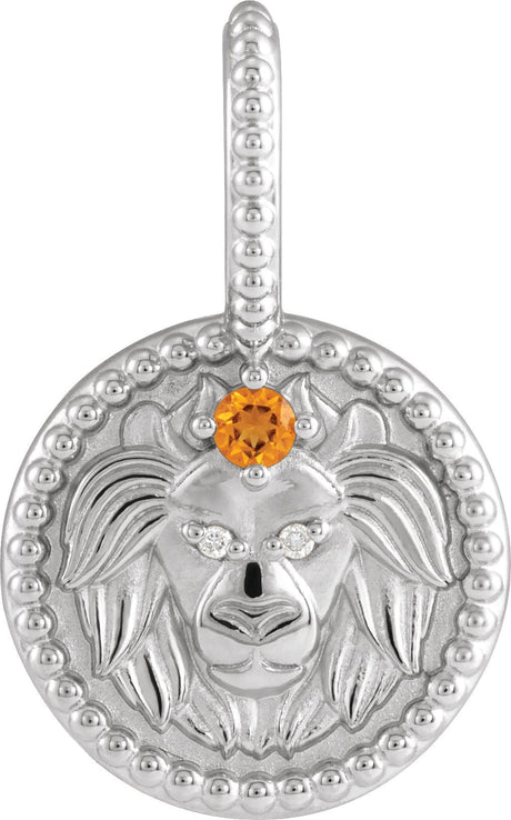 14K Gold Round Natural Citrine & Natural Diamond Zodiac Pendant - White Gold