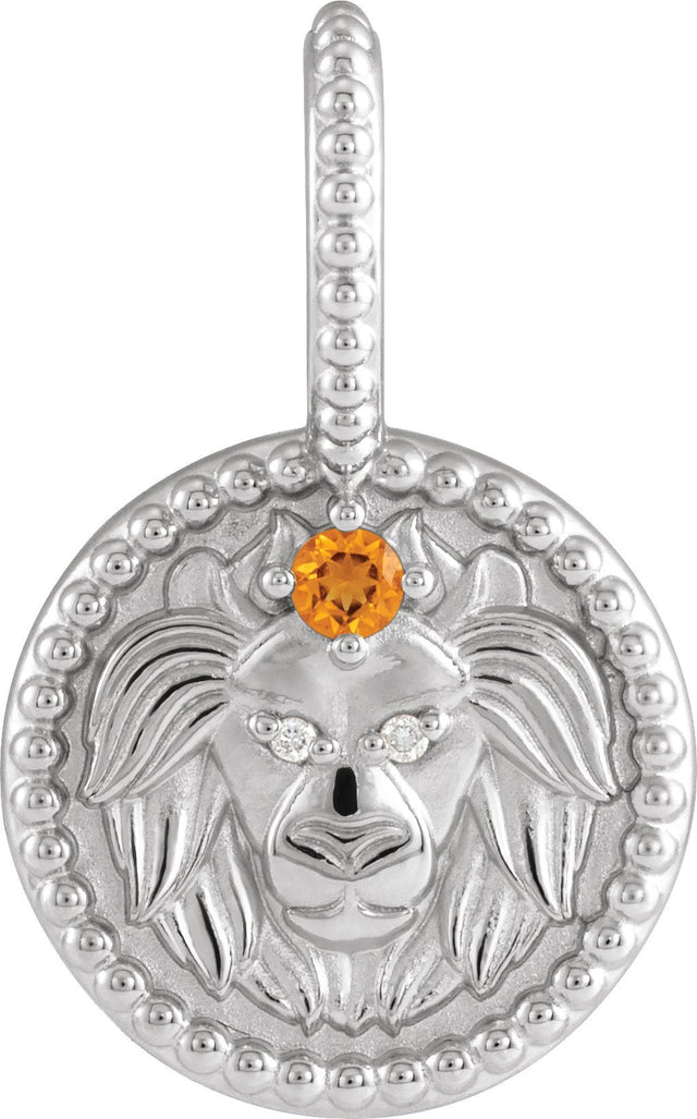 14K Gold Round Natural Citrine & Natural Diamond Zodiac Pendant - White Gold