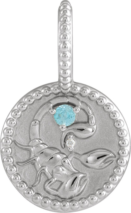 14K Gold Round Natural Blue Zircon & Natural Diamond Zodiac Pendant - White Gold